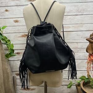 Victoria's Secret Backpack Black Fringe Cinch Bag Purse Drawstring Faux Leather